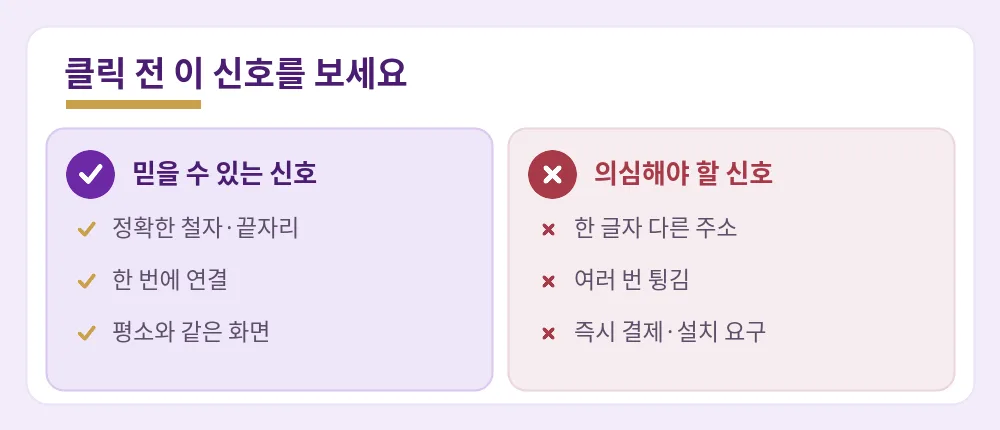 주소 클릭 전 믿을 수 있는 신호와 의심해야 할 신호 비교